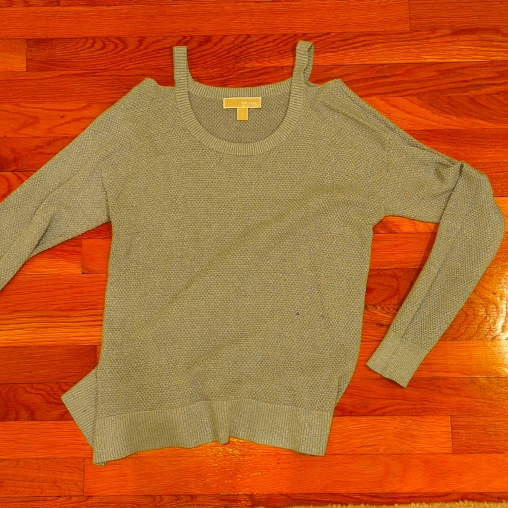 Silver shoulder less sparkle sweater